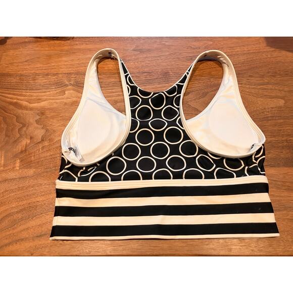 DKNY Swim Top Black Cream Circle Women's Medium Stripes Geometric Racerback - Picture 2 of 5
